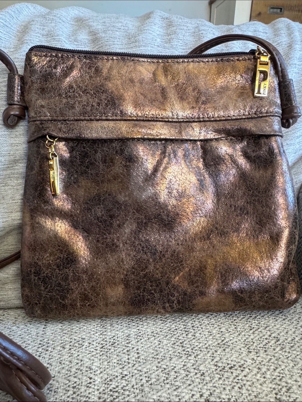 Vintage Pinky Metallic Bronze Crossbody Bag with Gold Hardware